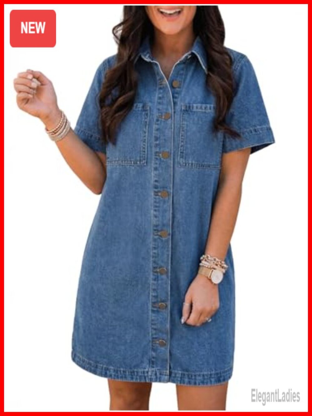 Button Down Denim Babydoll Mini Dress Short Sleeve Casual